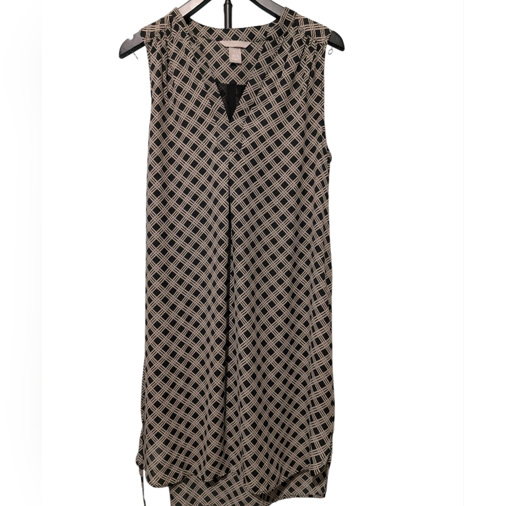 H&M Black Tan Geometric Diamond Print V-Neck Sleeveless Tunic Top Size 12